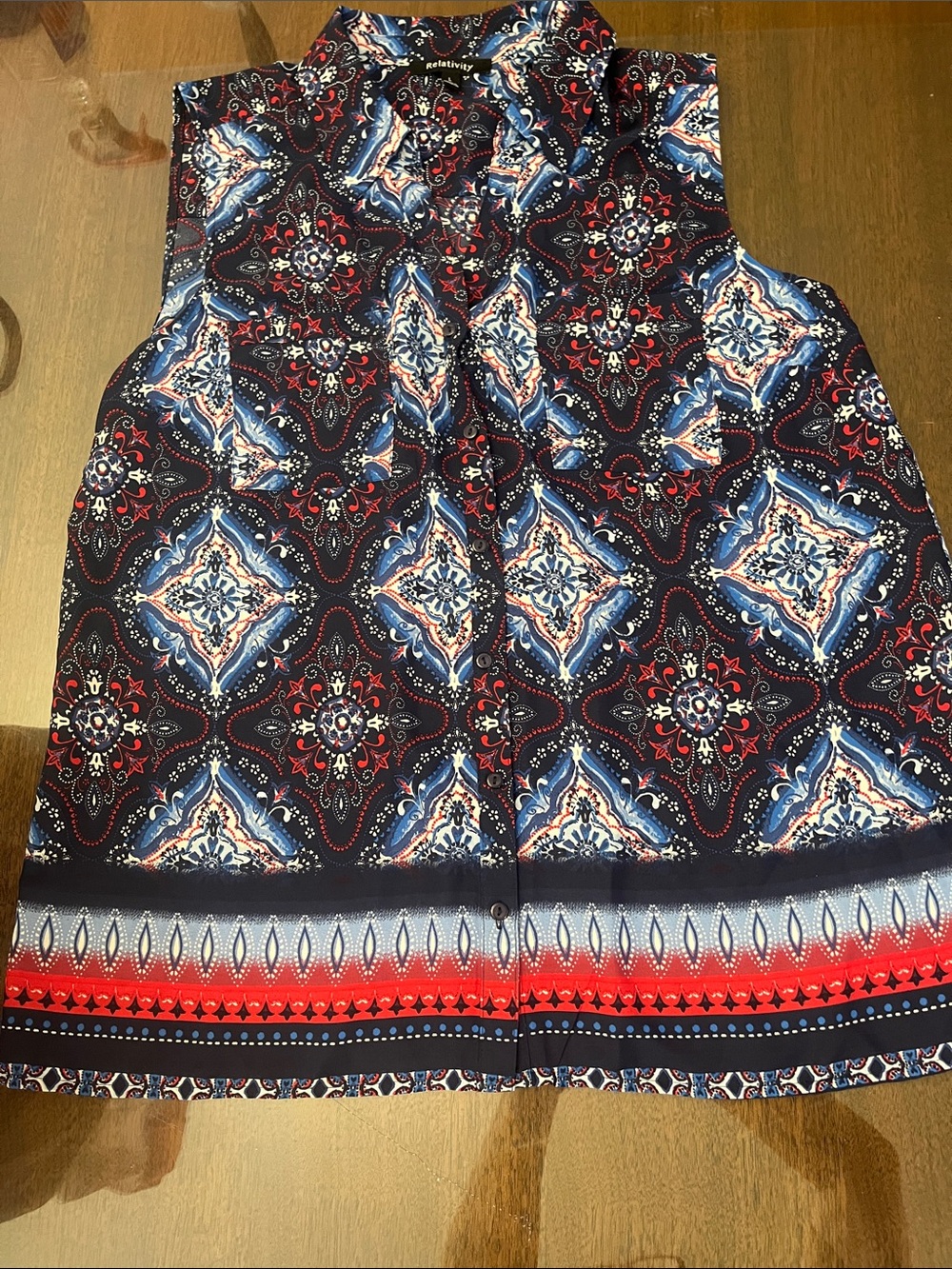 Relativity Sleeveless Tank with Navy, Red & White Medallion Print